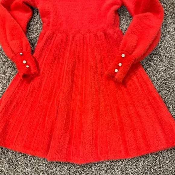 Arshiner Girls red Sweater Dress with lantern sleeves and pleated Twirl skirt - Picture 3 of 7